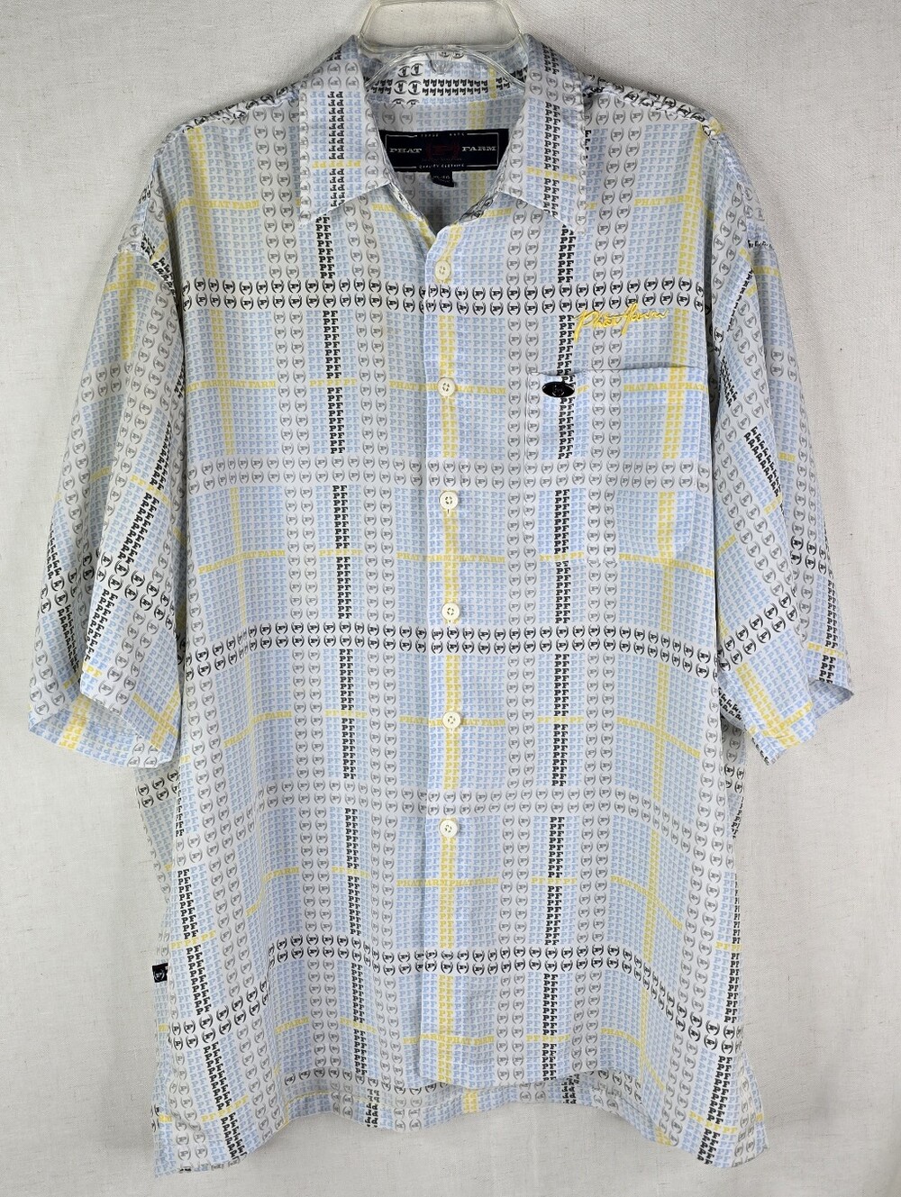 Phat Farm Men XL Y2k Button Up Shirt Blue Yell Plaid Logo All Over Print
